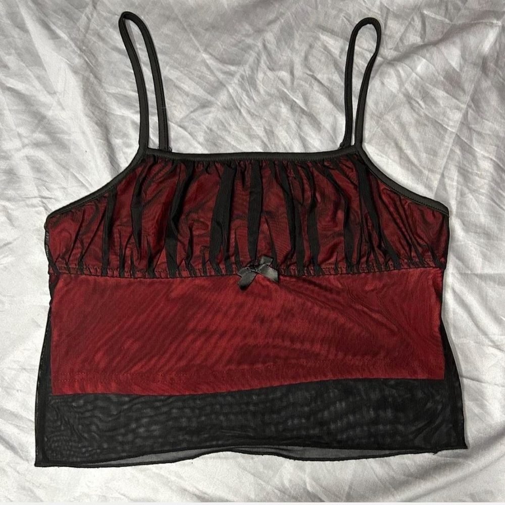Dark red and black mesh cropped tank top with small black bow on front!